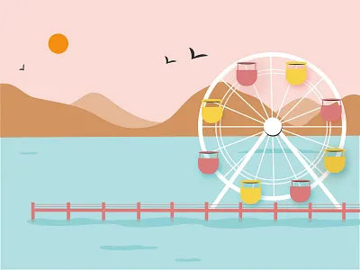 Santa Monica - Los Angeles beach coastal color design ferris wheel flat illustration illustration los angeles mountains santa monica sunset vector