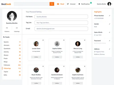 BestGeek Followings part 2 clean orange ui ux web website concept white