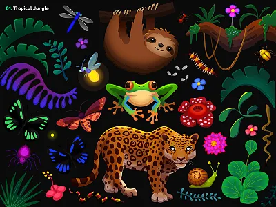Garmin | Adventure Trail / 01B. Jungle Props butterfly cat centipede firefly flowers fly forest frog game illustration insect jaguar jungle leopard moth plants sloth snail snake tropical