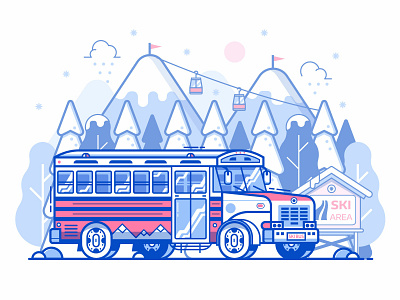 Mountain Ski Resort Shuttle Bus banner bus concept flat design landscape line art mountain resort service shuttle ski skibus winter