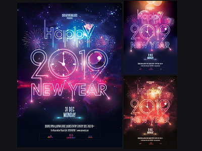 New Year Party Flyer christmas glowing new year happy new year 2019 neon party new year new year flyer new year party flyer new years eve nye nye 2019 nye flyer poster