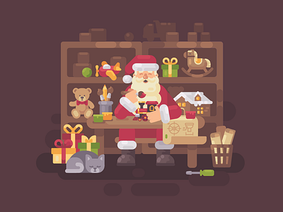 Santa's workshop character christmas design flat illustration new year present santa claus toy vector workshop