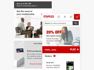 Staples.com - mobile user cart ecommerce grid hero homepage member menu mobile navigation office online order product responsive search shopping store web website