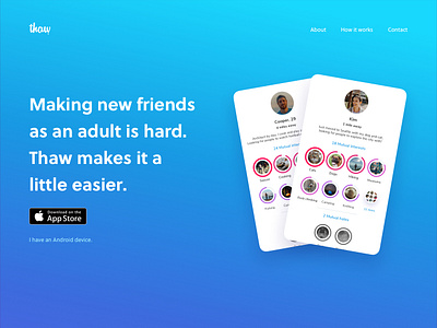 Thaw landing page blue cards design friends gradient interface design landing page landing page. mobile design thaw ui ui design ux web web design website