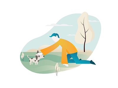 meeting the new best friend character colors dog dog illustration flat design gradient illustration landscape man vector