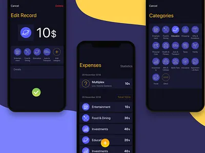 Expenses tracker application dark ui expenses ios mobile tracker ui ux