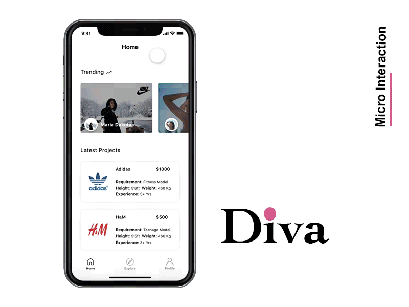 Diva - Booking Platform App For Clients & Models adobe aftereffects adobe photoshop animation design gif animation home screen micro interactions simple ui ux