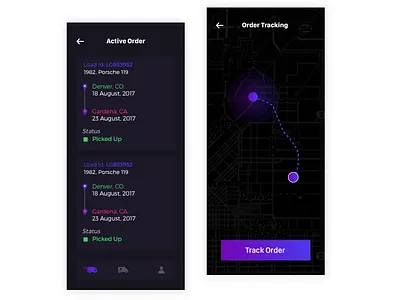 Order Shipment Delivery App !! cards color creative dark dark app dark background dark theme ui dark ui design gradient color graphics illustrations ios app location track order tracking shipment tracking app ui ux vector