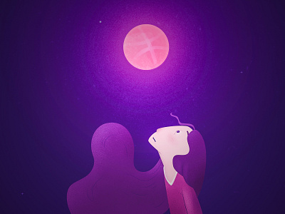 Dribbble Invite 2d art draft dribbble dribbble ball girl illustration invite moon night pink reflect reflection violet