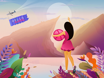 Hello Dribbble! debut firstshot flowers illustration girl hello hello dribbble ill illustration mountains