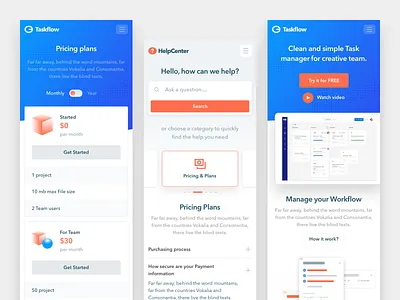 Taskflow Mobile view help center illustration pricing manager task task flow typography ui ux web