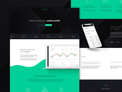 STABEX. Landing page blockchain coin crypto cryptocurrency dashboard exchange green interface iphone macbook ui ux web