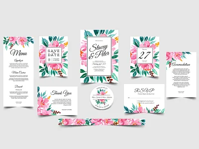 Romantic wedding invitation set floral beautiful border card decoration decorative design elegant floral flower frame greeting illustration invitation leaf romantic set spring summer vector wedding