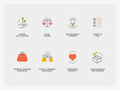 Sustainable business - features business value icons fair trade icon family owned business icon food icon values hand cultivated icon healthy food icons line icons made in usa icon supports charity icon sustainable packaging icon sustainably farmed icon woman owned business icon