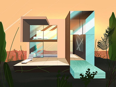 Golden hour architecture down glass golden hour home house illuatration la los angeles modern pool procreate sunset