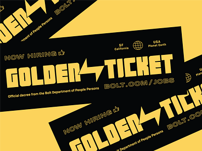 Bolt Golden Ticket application bolt career checkout design fair hiring illustration job lettering logo recruiting swag ticket type