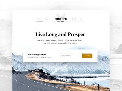 Further.net landing page minimalist mountain signup form white