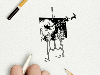 SANTA SLEIGH art easel black and white christmas drawing holidays illustration illustrator ipad pro merry christmas pen procreate reindeer santa sleigh