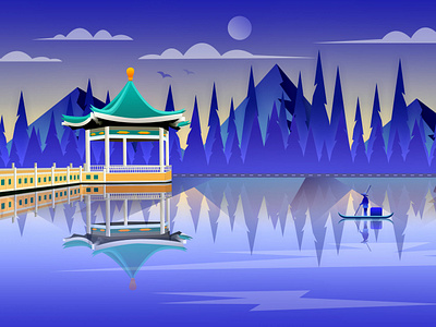 pavilion cloud forest lake moon mountain pavilion river ship