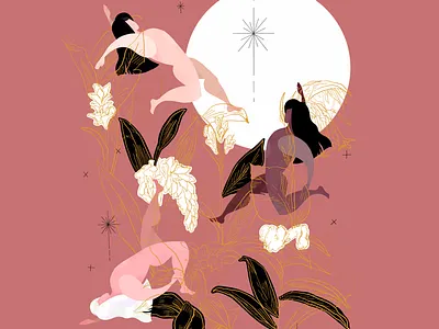 Floating black color pallet floral gold illustration pink women