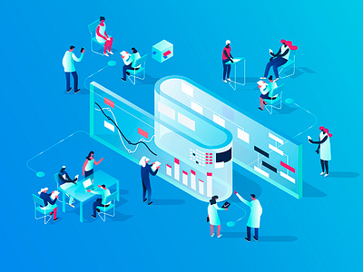 Research Center 3d blue characters collaboration colorful concept illustration isometric people research scientists