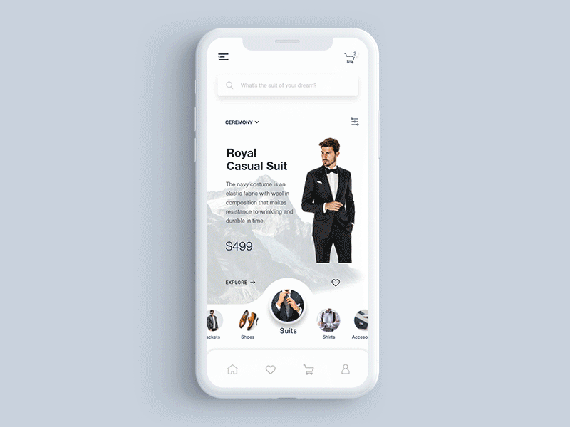 E-Commerce | Men Suits Shop App adobe xd after effect animation app clean app concept design e commerce flat gif man mobile mobile app suit ui user experience design ux weekly design challenge white