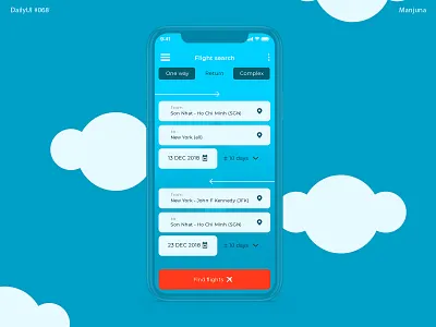 Daily UI #068 - Flight Search booking booking app daily ui daily ui 068 dailyui flat flight flight app flight booking flight search flights ios iphone x iphone x app mobile mobile app mobile app design plane sky ui