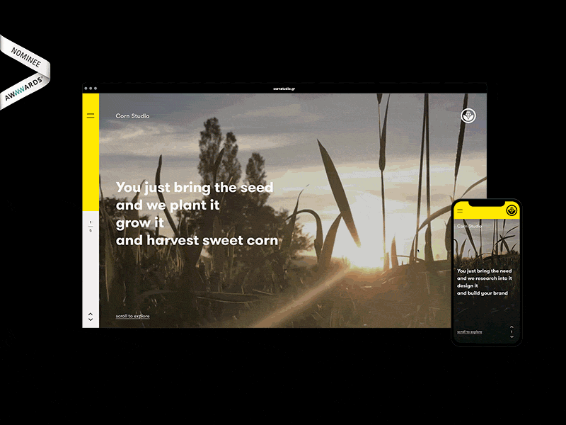 Corn Studio Website big images big typography branding agency grid layout interaction design landing page responsive layout ui ux design video background website design