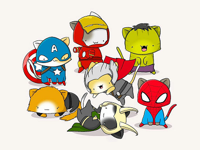 Catvangers avengers black widow captain america captain marvel character character design characterdesign digital art doodle art doodle characters hulk hulk hogan illustration iron man kawaii kawaii art loki marvel procreate spiderman