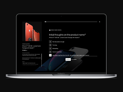 Product Validation Test Concept apple black dark form interface iphone iphone x list minimal product product branding product card question questionnaire test theme web website website builder