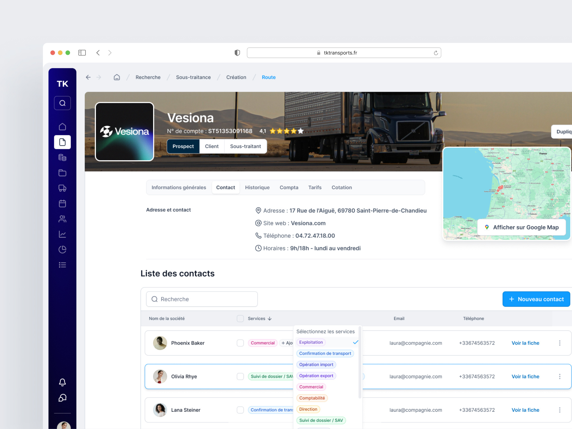 Example of Transports & Logistic Management tool - Contact list