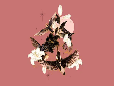 Exploration birds black floral gold illustration nature pink procreate