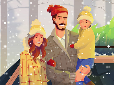 The family )) character design family flat illustration snow snow day winter party