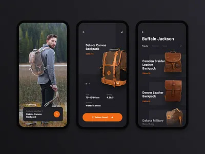 Augmented Reality Product Recognition app ar augmented backpack bags camera catalogue clean design interace ios iphone list mobile product product card reality scanning ui virtual