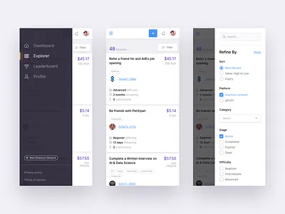 Responsive Navigation and Filters app blockchain bounties cards ethereum filters mobile navigation responsive ui ux