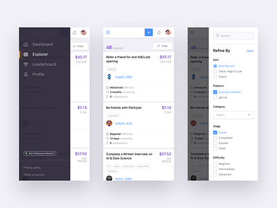 Responsive Navigation and Filters app blockchain bounties cards ethereum filters mobile navigation responsive ui ux