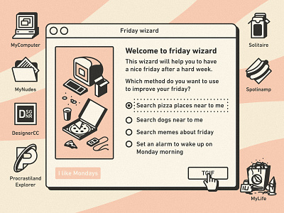 Welcome to friday wizard food friday funny icon illustration ipod mac macintosh pizza retro slice ui ux vintage windows wizard