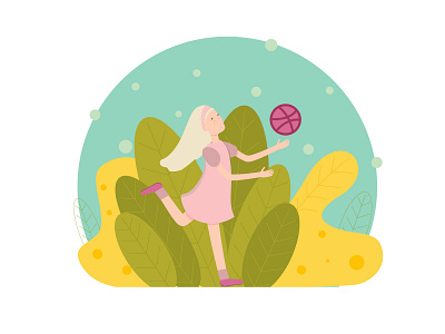 Cute girl catches dribble ball ball flat flat design girl character girl illustration vector vector art