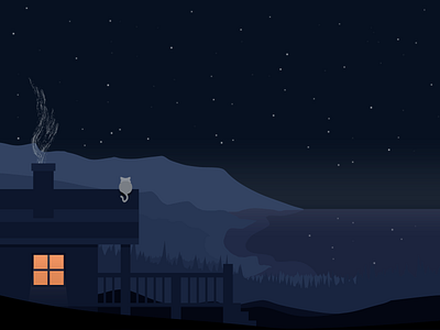 The Cabin - Illustration Practice Shot #2 beach cabin cat flat design illustration mountain night sky practice sea