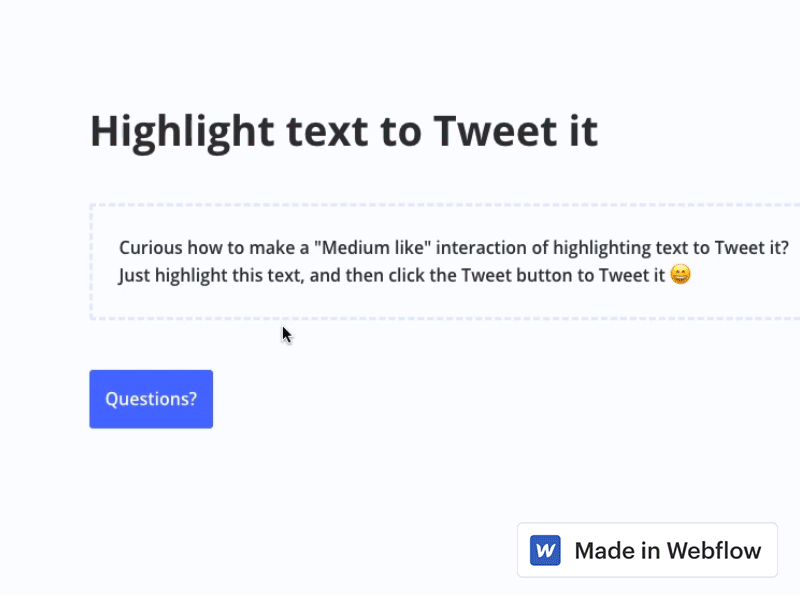 Highlight text to Tweet it html5 interactions jquery webflow