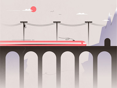 TRAIN LANDSCAPE VIEW birds bridge illustration landscape light mountain nature sky sun sunset train winter