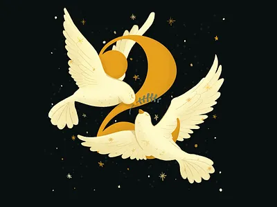 12 days of Christmas - Two Turtle Doves birds christmas christmas carols christmas music christmas song day two doves editorial flat fun gold holiday holiday season illustration night personal sky stars turtle doves white bird