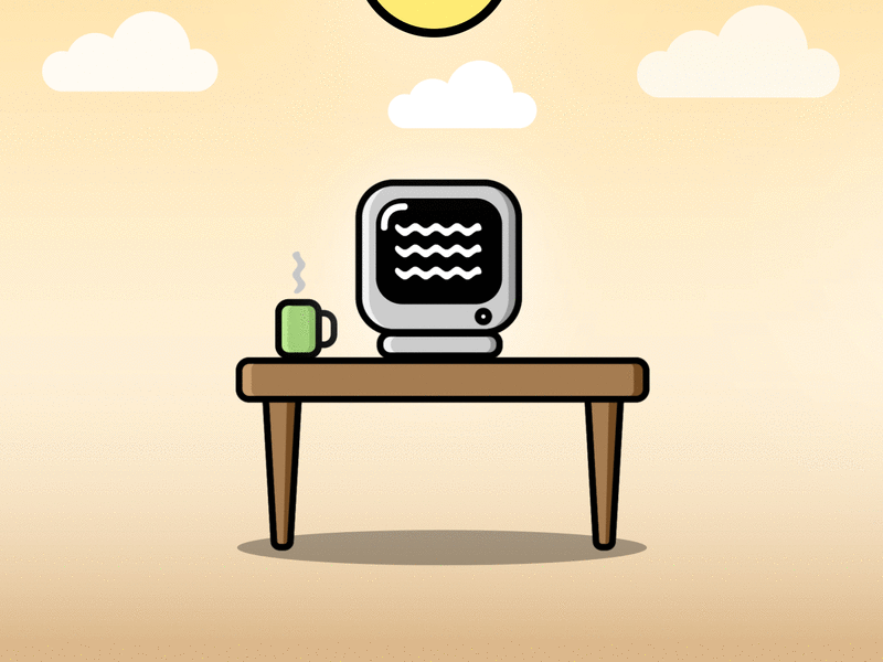 "Processing..." 60fps after effects bouncy coffee computer day and night desk easy ease flat color gif illustration illustrator minimal motion motion graphics outline illustration rendering retro table vector
