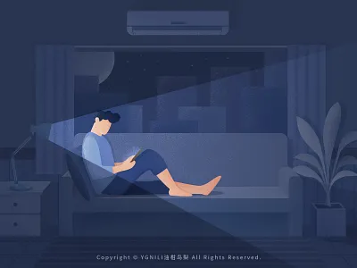 Playing Mobile Phone air conditioning illustration light night phone relaxing sofa table lamp