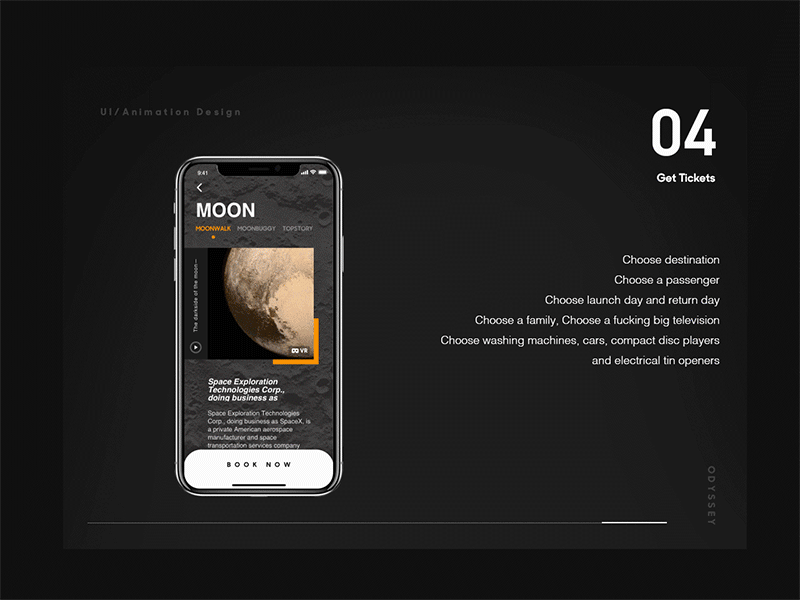 Odyssey Interplanetary-tickets part animation interface design ui