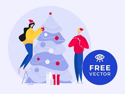 Couple Decorating The Christmas Tree christmas christmas tree freebie freebies illustration vector xmas