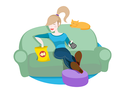 Girl watching TV on the couch illustration bag of chips barcelona blonde girl branding cat character character design couch design female character freetime girl girl character girl illustration illustration mwc relaxing sofa vector watching tv