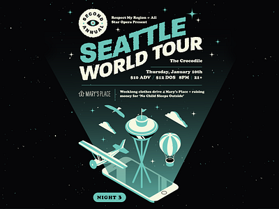 Seattle World Tour: Night 3 3d grain illustration illustrator iphone isometric lettering logo pantone seattle texture typography vector