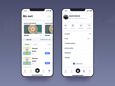 My cart And Profile app cart check check box clean creditcard dashboard design food foodapp ios johnyvino location mobile order pizza profesional profile setiing ui