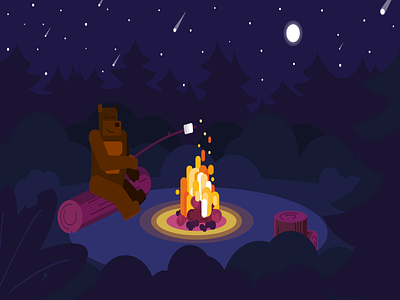 Marshmallow's lover animal bear blue bush bushes camp design fire flat flat design forest illustration leaf leafs marshmallow moon night purple star shooting stars